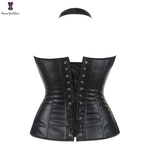 Coffee Halterneck Corset Women Outwear Boned Corsets Sexy Overbust Gothic Sexy Synthetic Leather Bustier Steampunk Korse Gstring